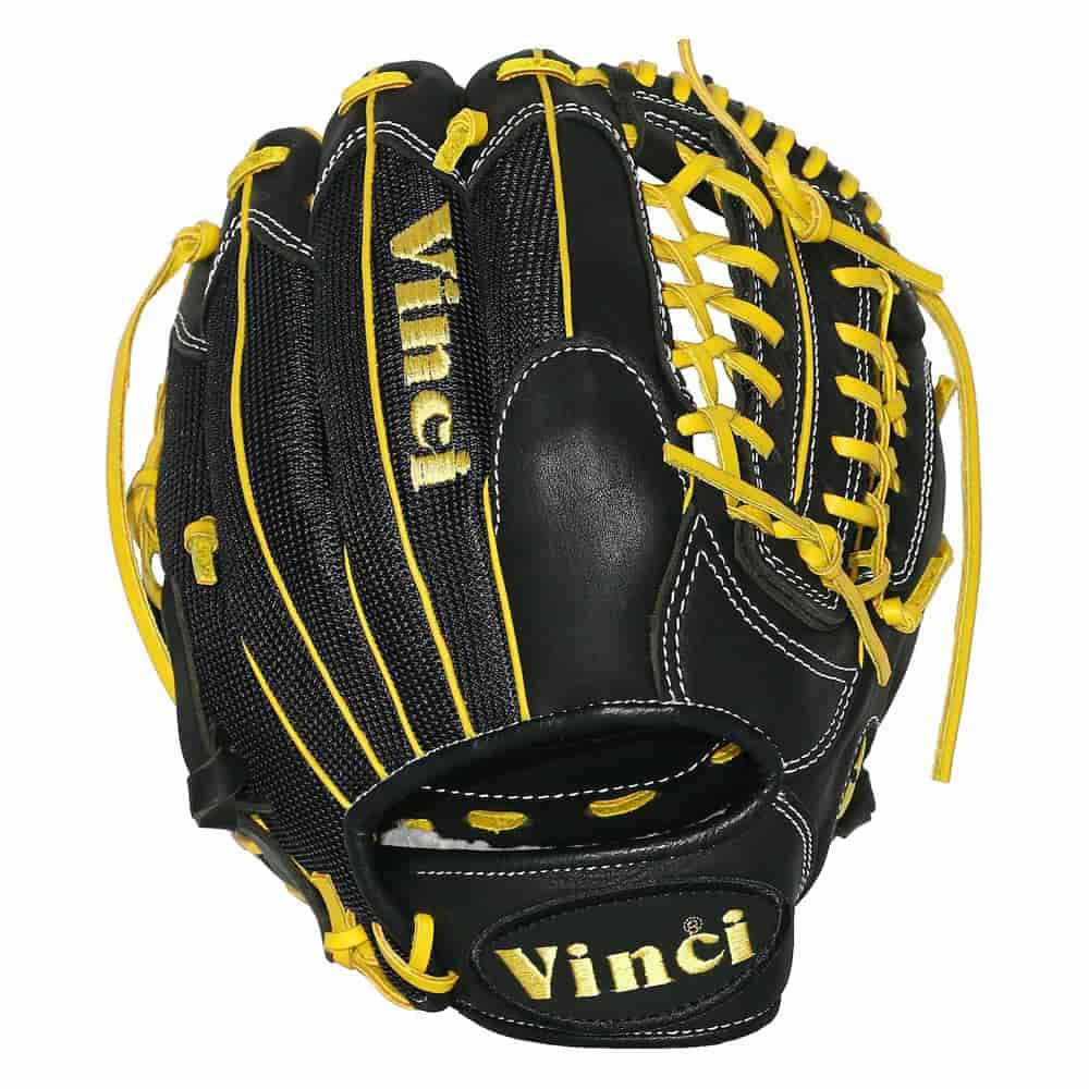 11.5 inch Baseball Glove-JC3333-22 Black with Mesh Back and Yellow Lace -  Vinci Baseball Gloves, Softball Gloves and Sports Equipment